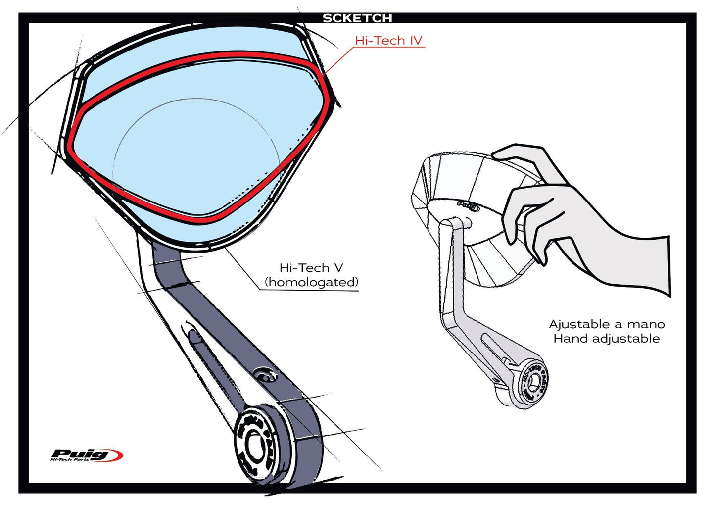 Puig Hi-Tech 5 Stuureind Spiegel Zwart – Compact, Verstelbaar & E-Keur (Per Stuk)