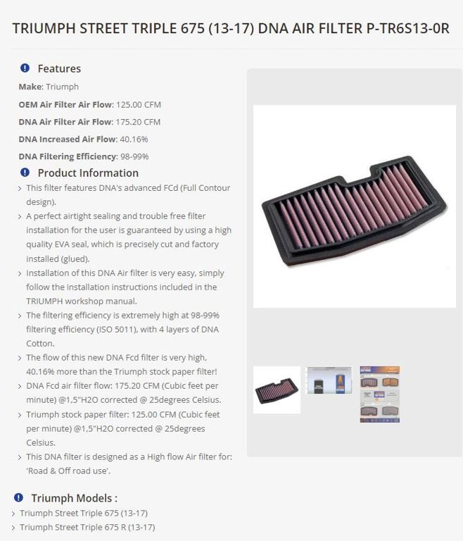 DNA high performance filter Triumph Daytona 675 / Street Triple 675 '13-17